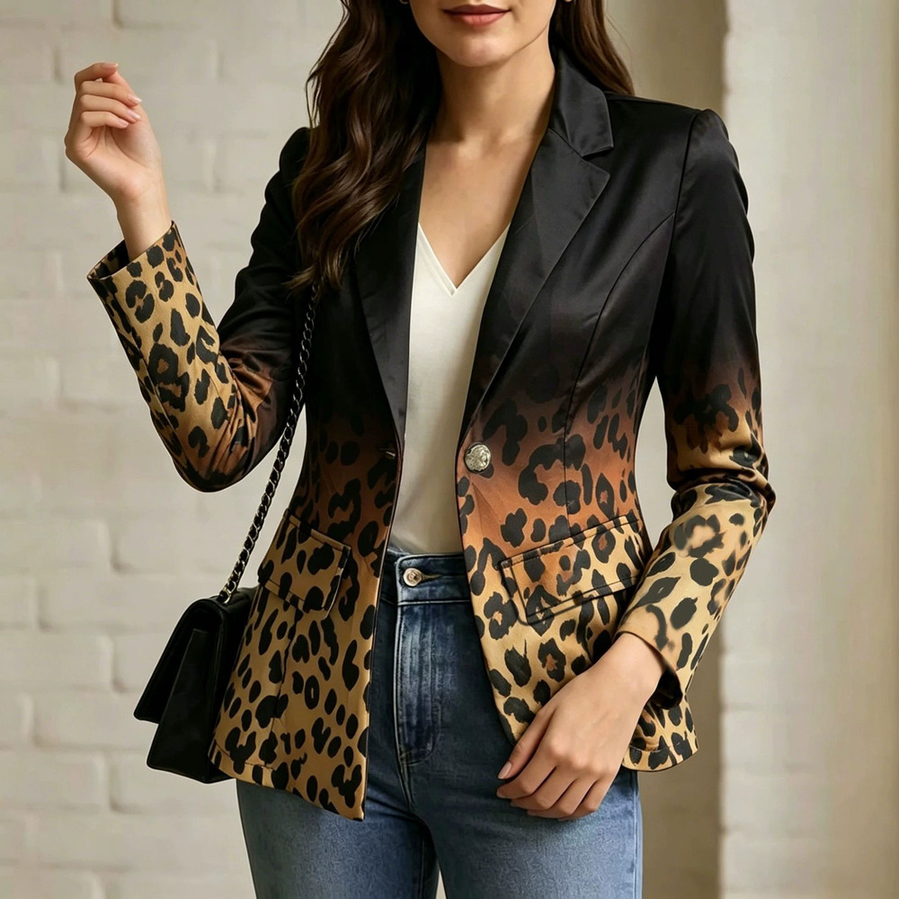ZARA Women Leopard Gradient Print Long Sleeve Blazer Autumn Outerwear